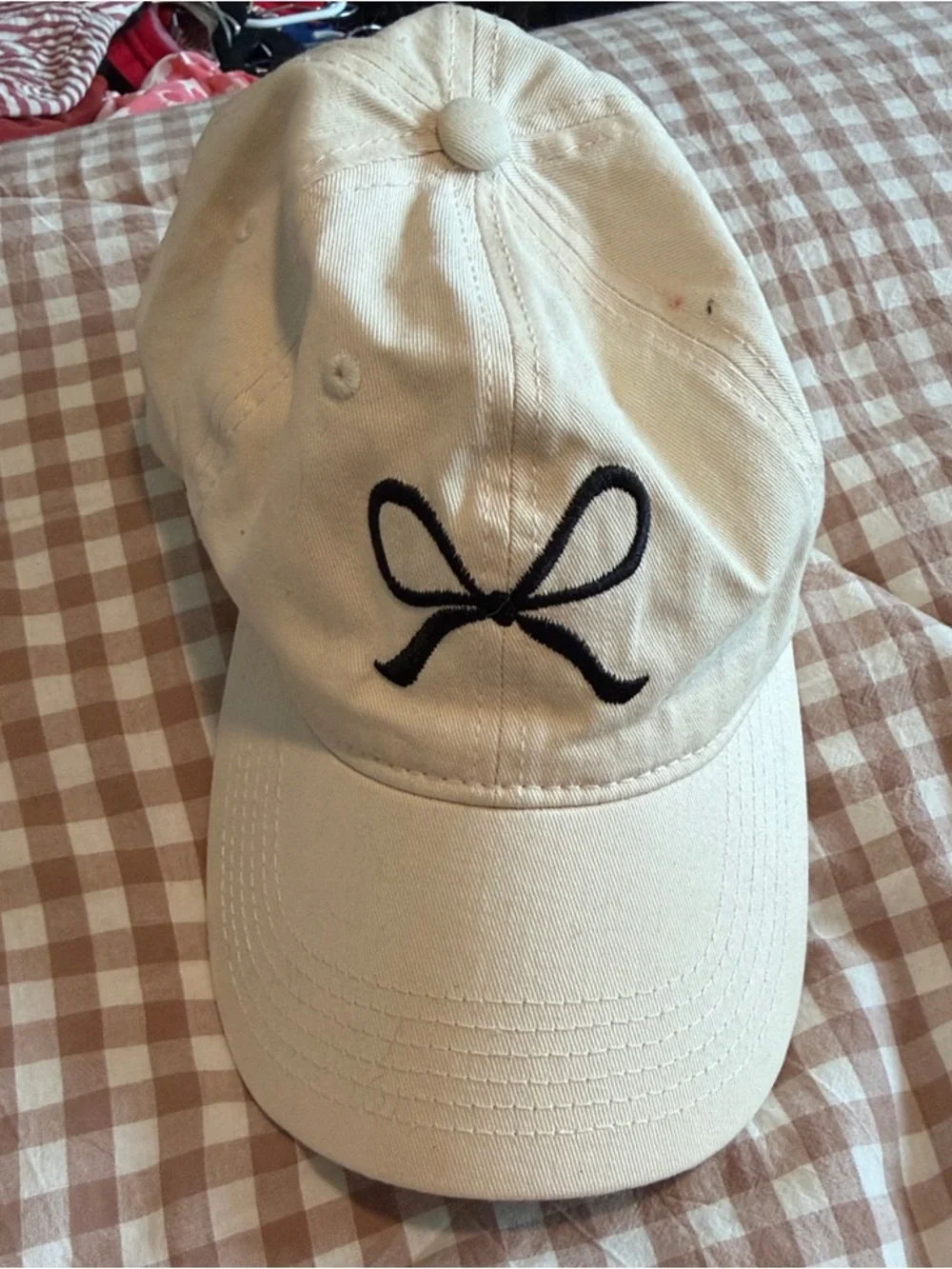 Ivory Baseball Cap with Black Bow Embroidery